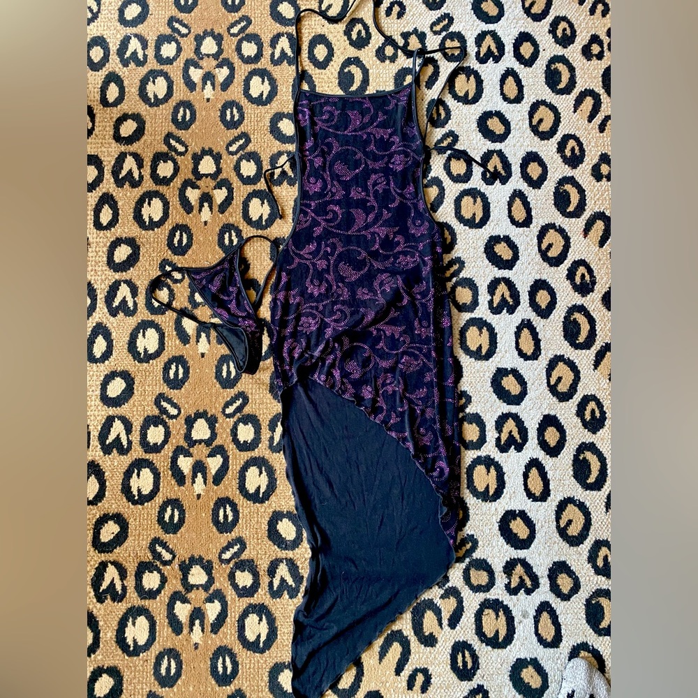 Black & Purple Glitter Sparkle Stretch Stripper Dancer Gown W/Matching Panty OS